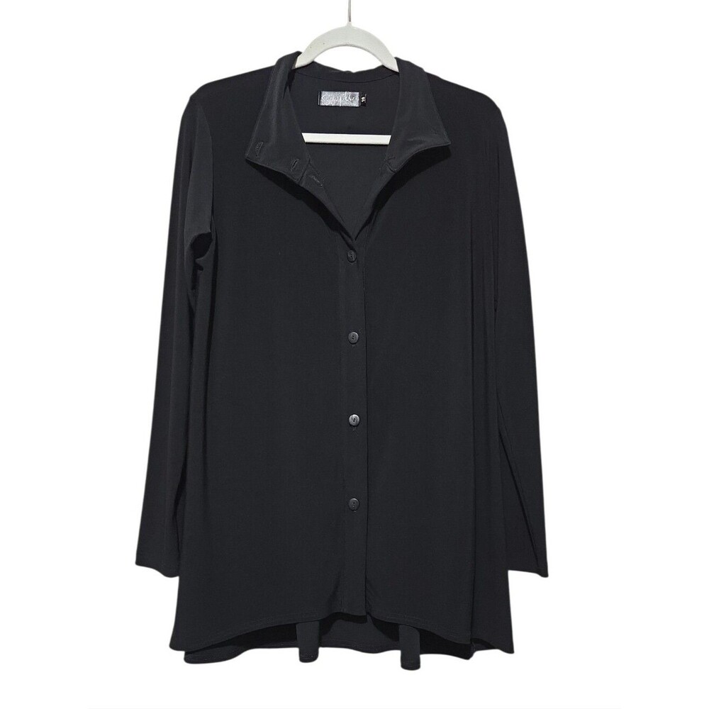 Sympli The Best Black Matte Jersey Button Down Long Sleeve Tunic Jacket Shacket